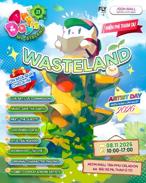 Poster Artist Day 21 Wasteland: chú mèo đội mũ cầm bản đồ ngồi trên cây xanh mọc từ đèn giao thông, cùng danh sách hoạt động
